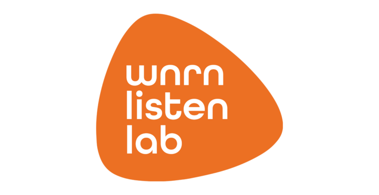 an orange guitar pick logo with white text that says wnrn listen lab